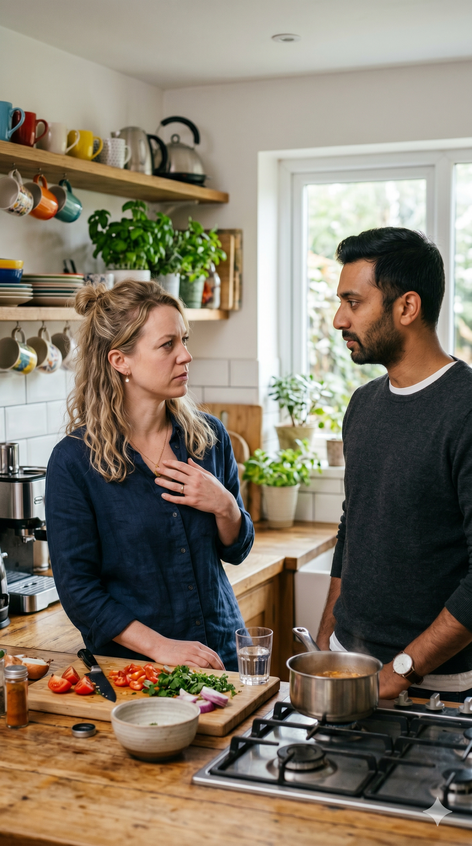 Multicultural couple communicating in the kitchen