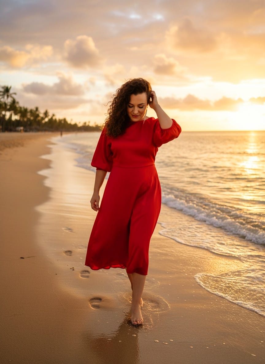 Cristina walking along the beach at sunset