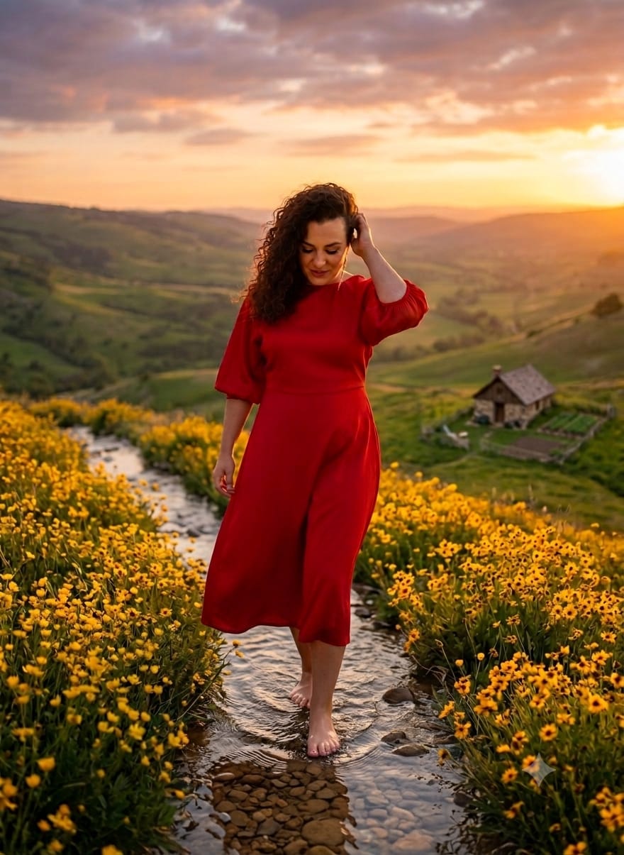 Cristina walking through a wildflower valley at sunset